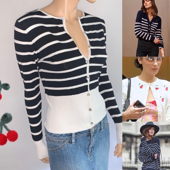 Retro Cherry Striped Y2K Ribbed Cardigan Sweater - Picture 1 of 15